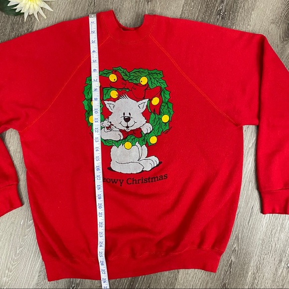 Vintage 80s Cat Christmas Red Crew Neck Sweatshirt - Picture 11 of 12